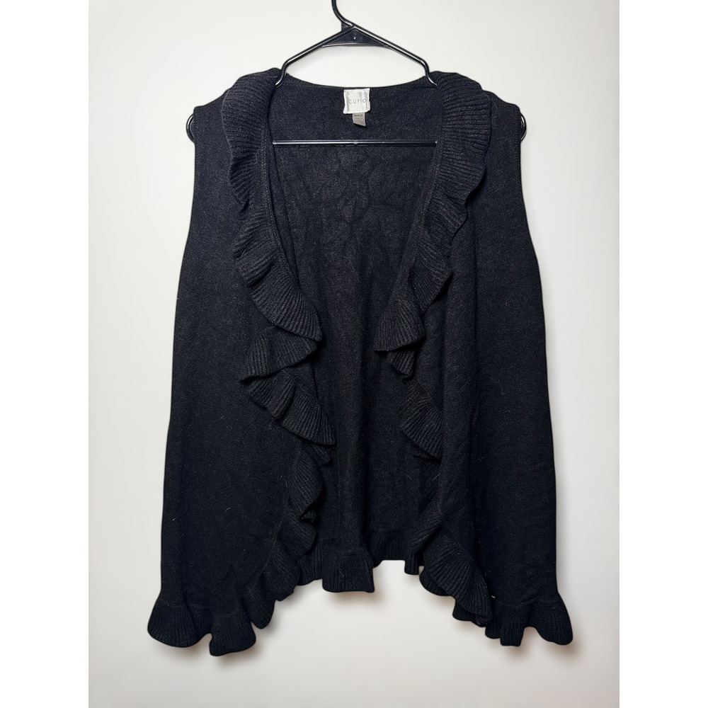 Cupio Y2K Fairy Goth Black Ruffle Front Sleeveless Knit Cardigan Vest Women's M